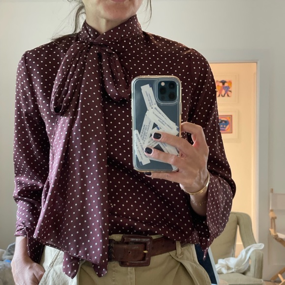 Zara burgundy and ivory polka dot long sleeve blouse - Picture 4 of 9